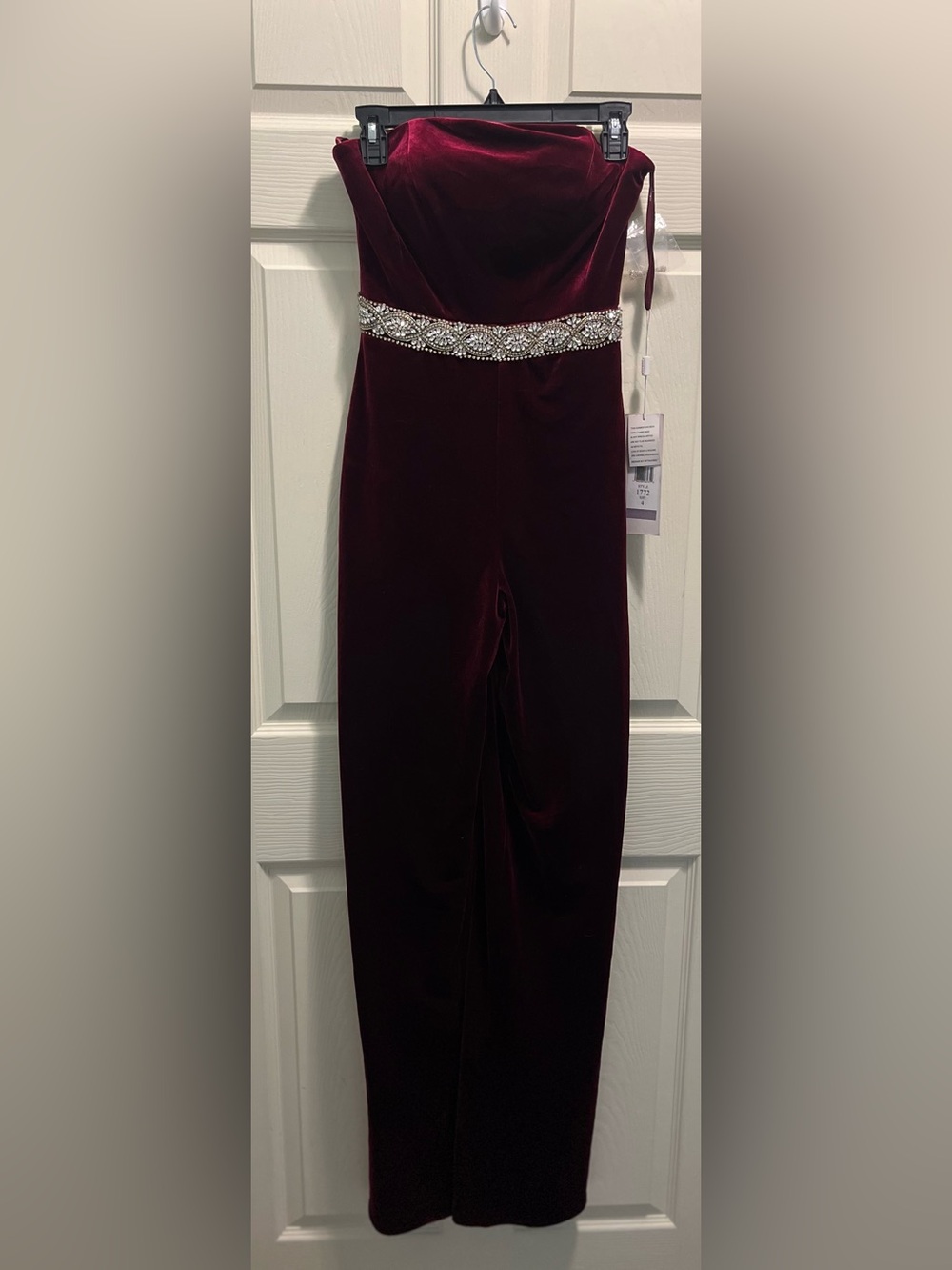 Colors Dress Burgundy Velvet Strapless Jumpsuit with Rhinestone Belt - Size 4